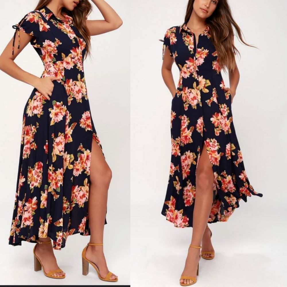 LULUS FLORAL HIGH SLIT MAXI DRESS L LARGE LIKE NEW